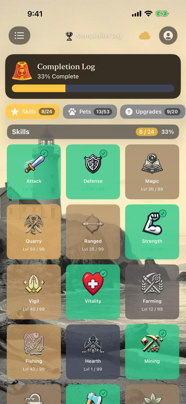 Tideward on iPhone: the Completion Log at 33%, a grid of trade tiles over a coastal lighthouse illustration.