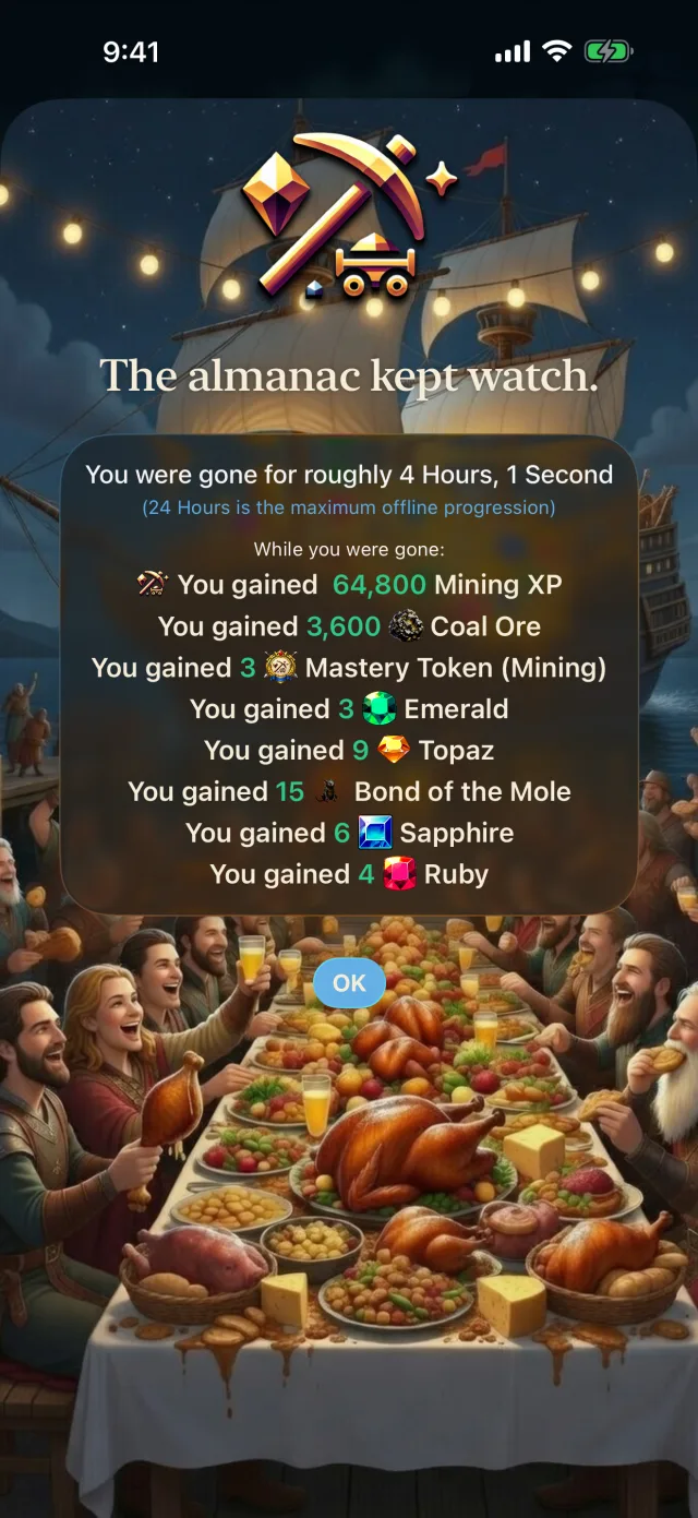Tideward offline progression sheet titled "The almanac kept watch", listing mining XP, ore, and gems gained while away.