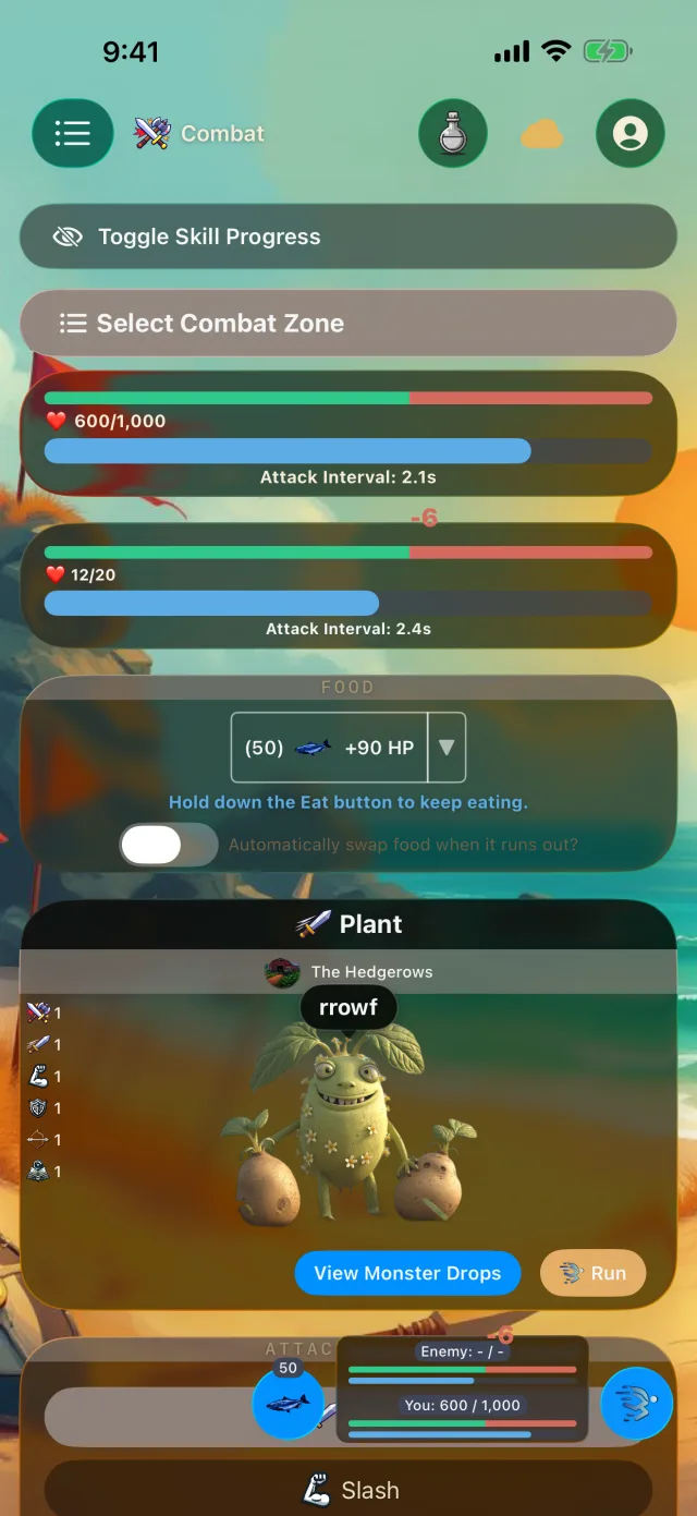 Tideward combat on iPhone: health bars, attack intervals, a food selector, and a flowering plant monster in The Hedgerows.