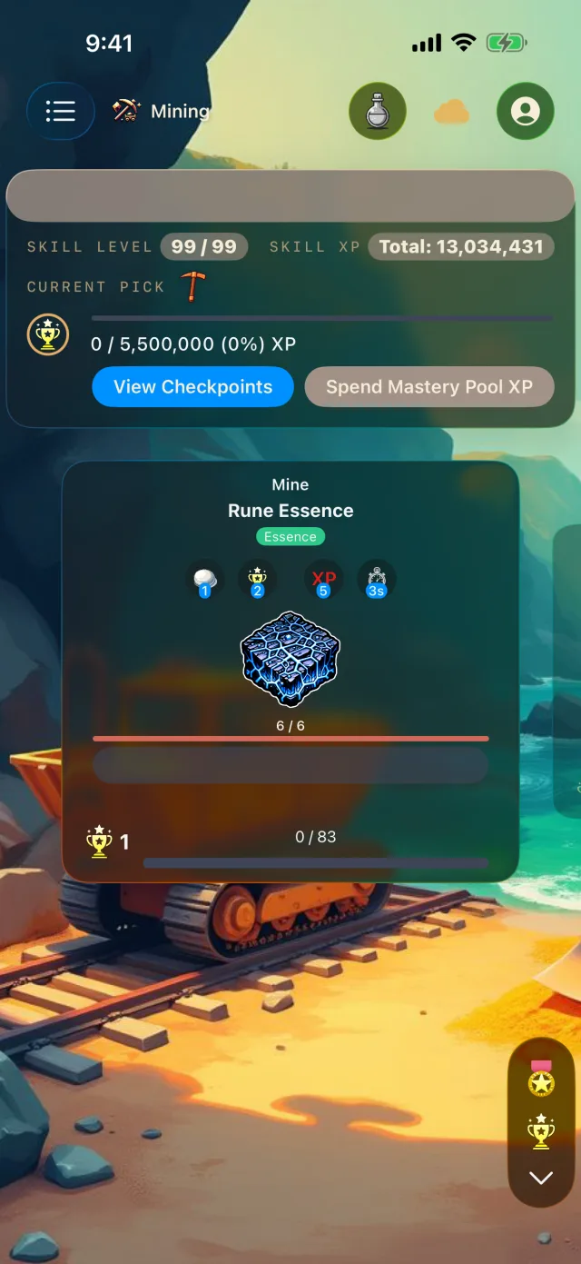 Tideward Mining at level 99 on iPhone, mining Rune Essence beside a mine cart on a sunny coastal track.