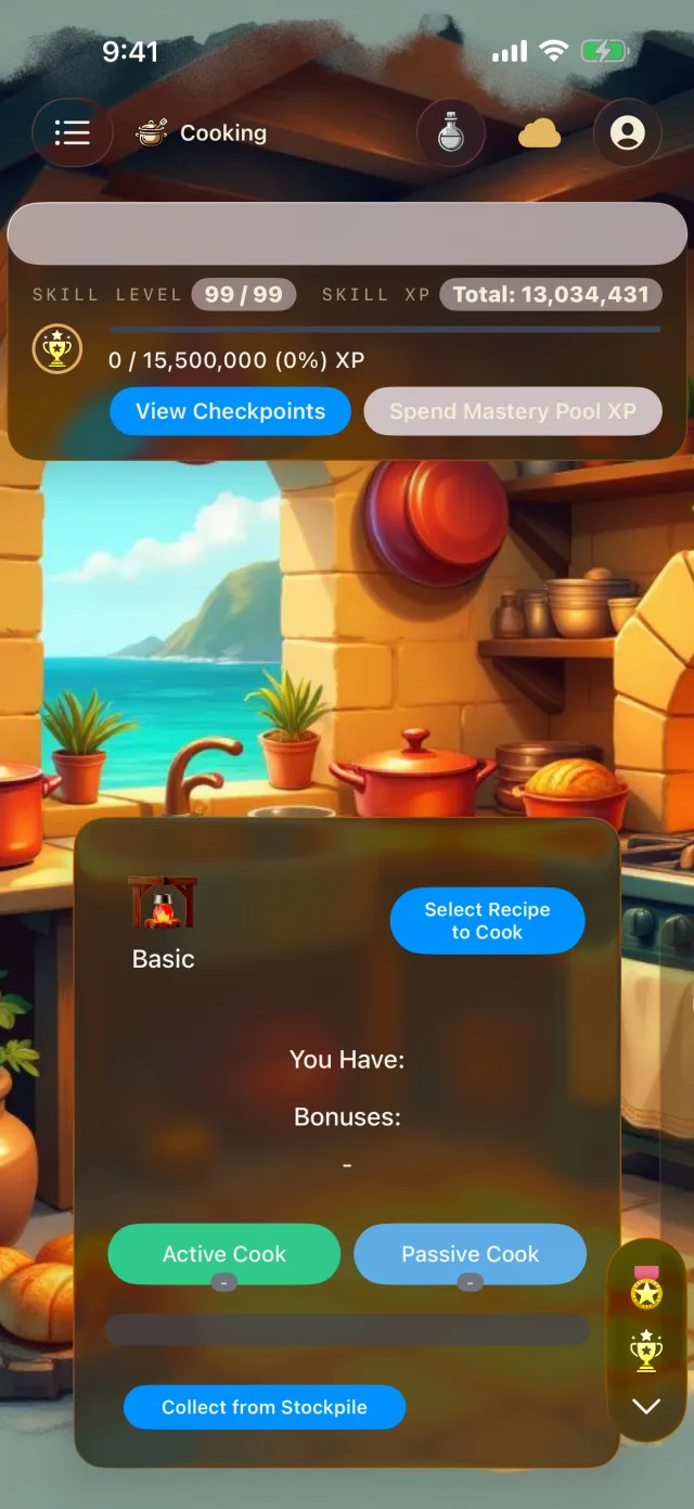 Tideward Cooking on iPhone: a seaside kitchen with active cook, passive cook, and stockpile controls.