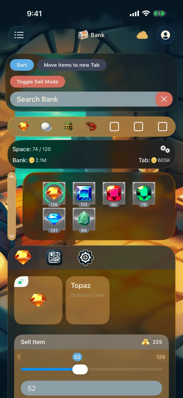 The Tideward bank on iPhone: gem stacks in tabs, a search field, and a sell slider set to 52 topaz.