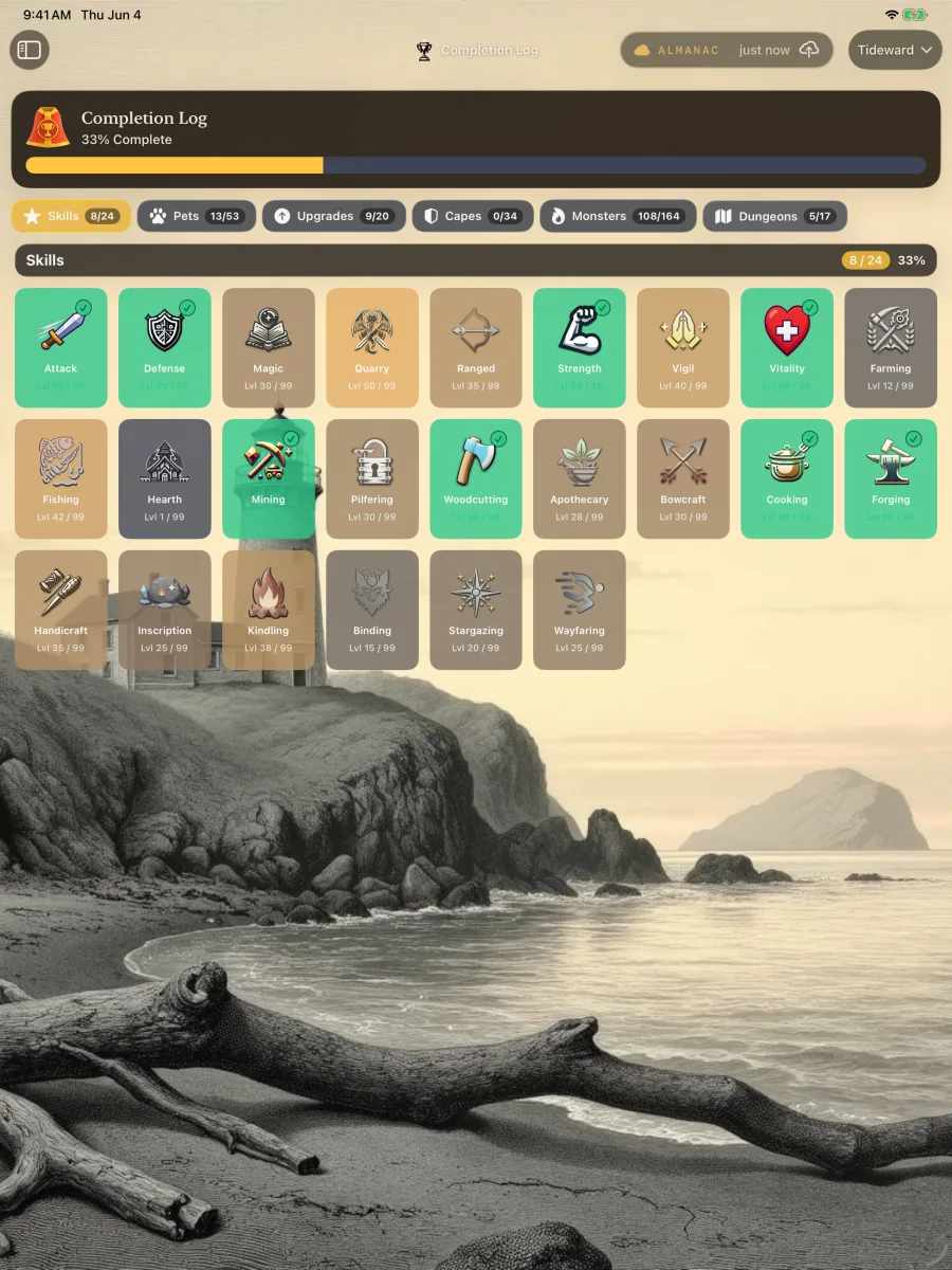 Tideward on a 13-inch iPad: the Completion Log with capes, monsters, and dungeons tabs over a coastal engraving.
