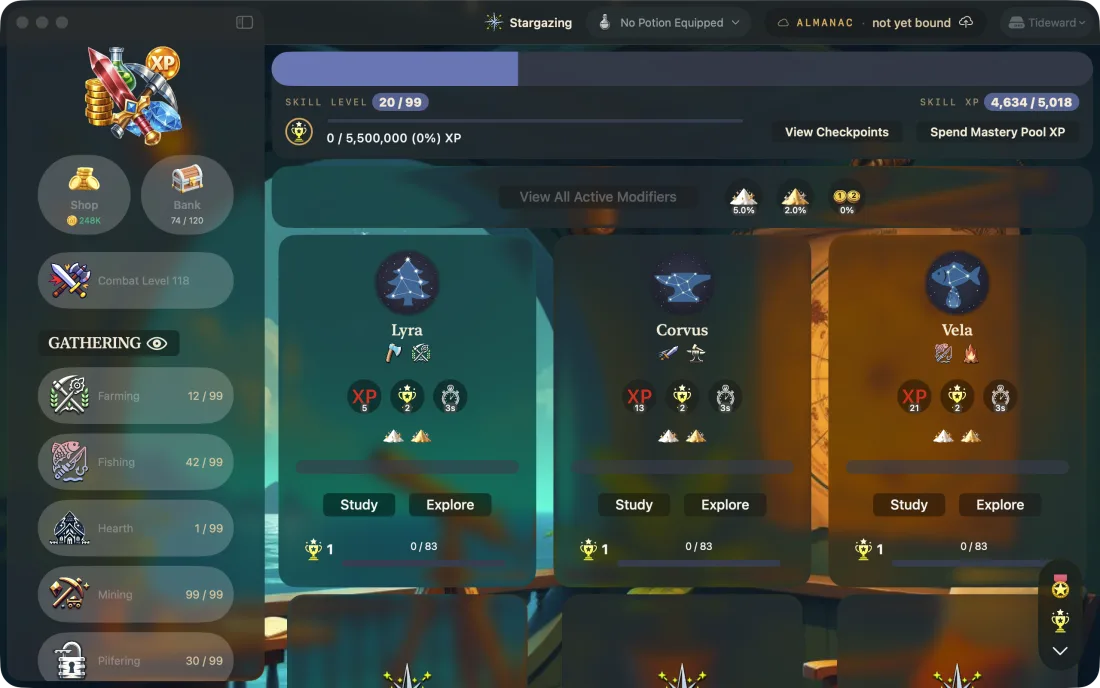 Tideward on Mac: the Stargazing trade with constellation cards named Lyra, Corvus, and Vela beside a sidebar of trades.