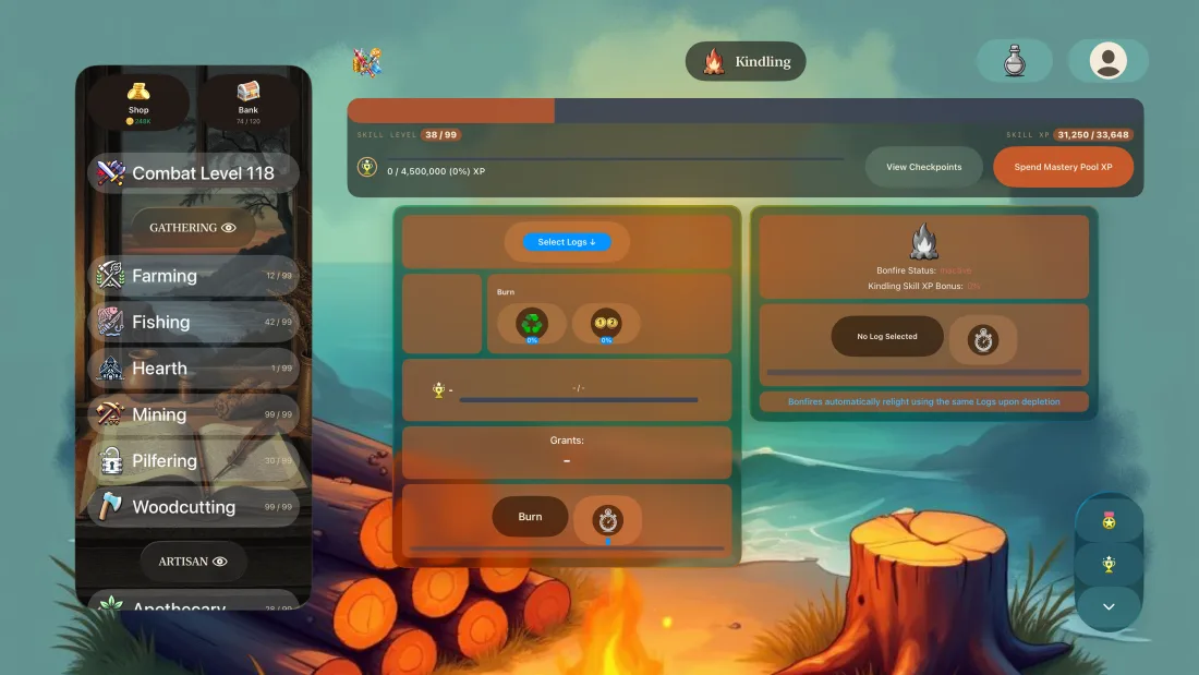 Tideward on Apple TV: the Kindling trade, a log pile and bonfire on a beach, with the trade sidebar open.