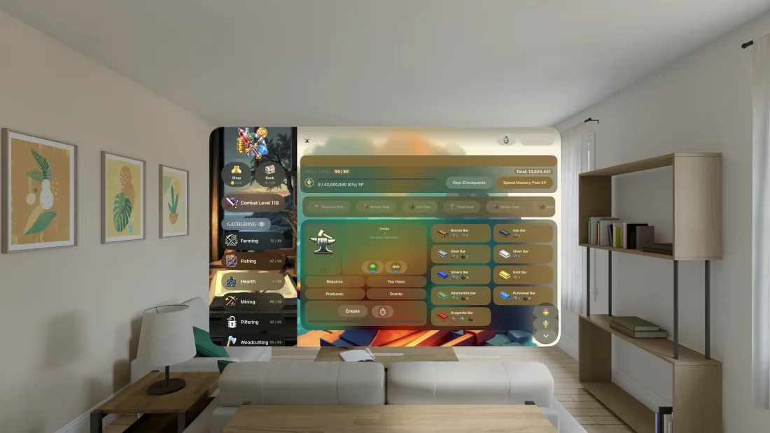 Tideward on Apple Vision Pro: the Forging trade floating as a native window in a bright living room.
