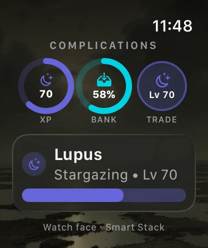An Apple Watch face with three Tideward complications for XP, bank, and trade, above a Smart Stack card reading Stargazing level 70.